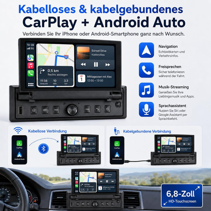 1 DIN Autoradio mit 6,8 Zoll ausfahrbarem Touchscreen, Linux System, Wireless CarPlay Android Auto,
