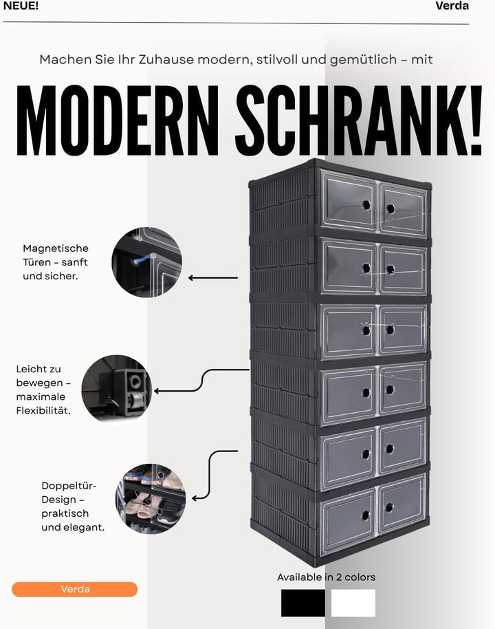 Verda Schuhschrank 6 Reihen Schuhregal und Schuh Organizer aus Kunststoff mit magnetischer Tür, falt