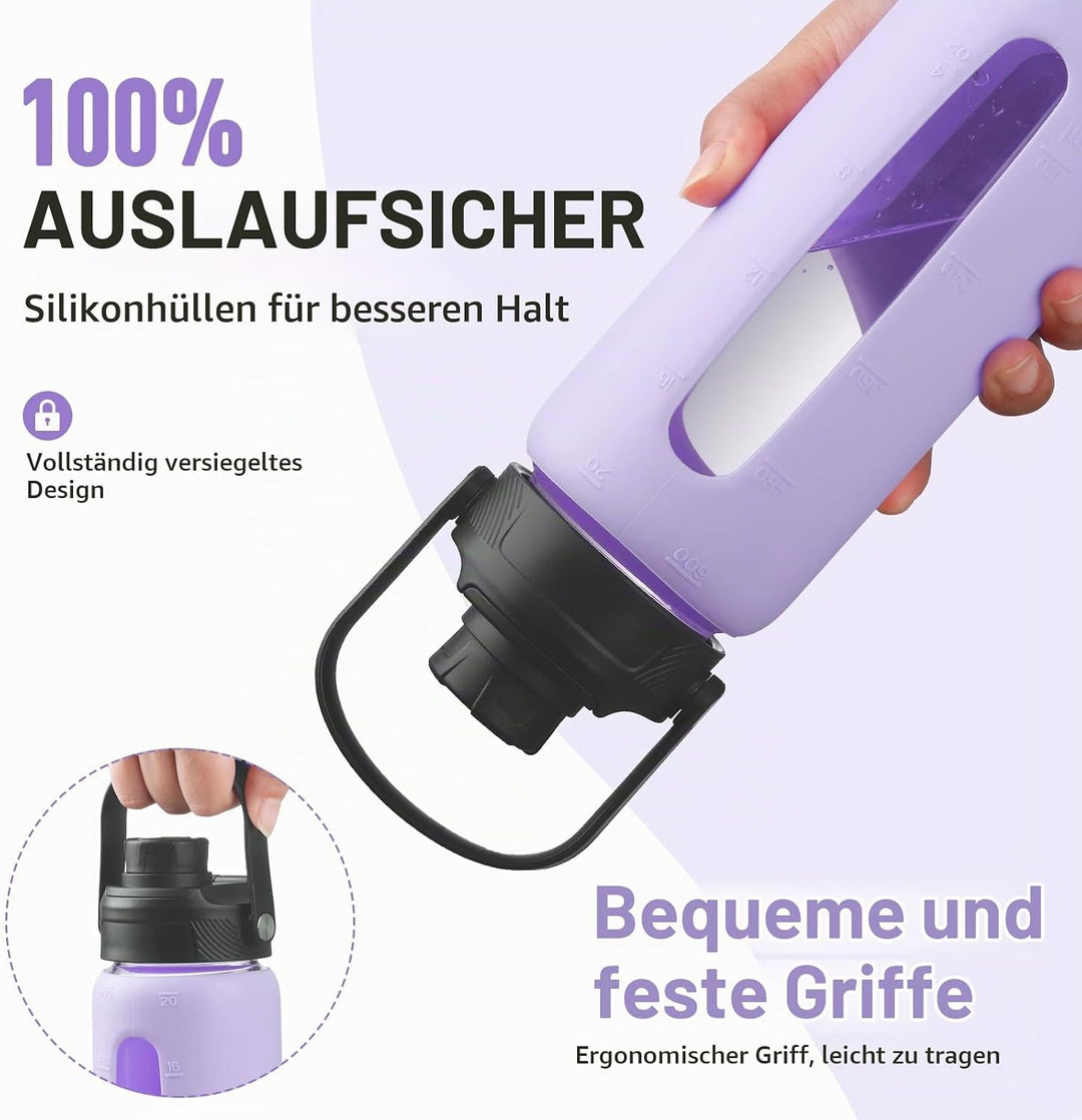 BLUEGO 600ml Glaswasserflasche mit Strohhalm und 2 Deckeln Kaffeetasse aus Glas mit Zeitmarkierung u