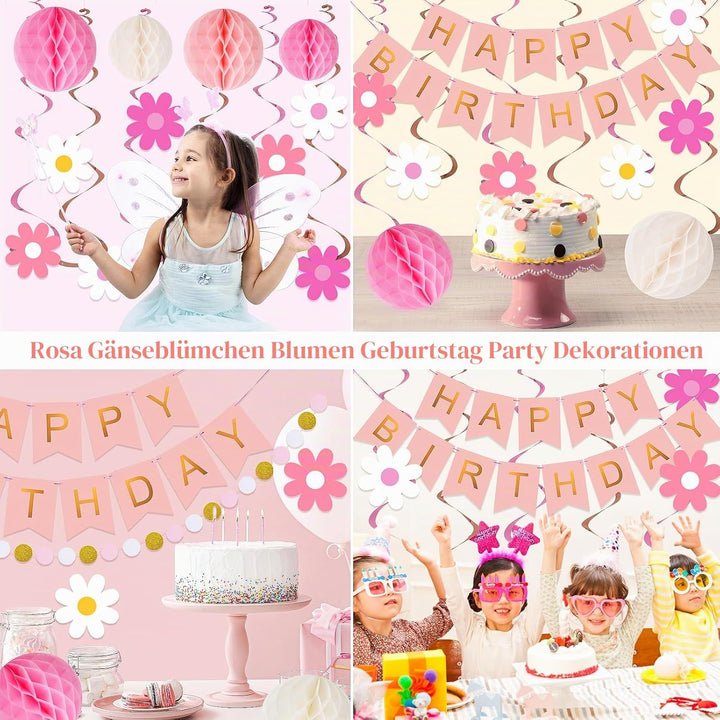 Rosa Dekorationen, Rosa Happy Birthday Banner mit Wabenball, Gänseblümchen Blume Hanging Swirl Strea