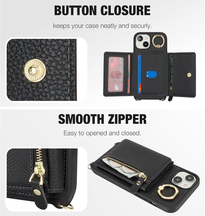 ELTEKER Handyhülle für iPhone 13 Hülle mit Band Kartenfach Handykette Ringhalterung Geldbörse,Leder