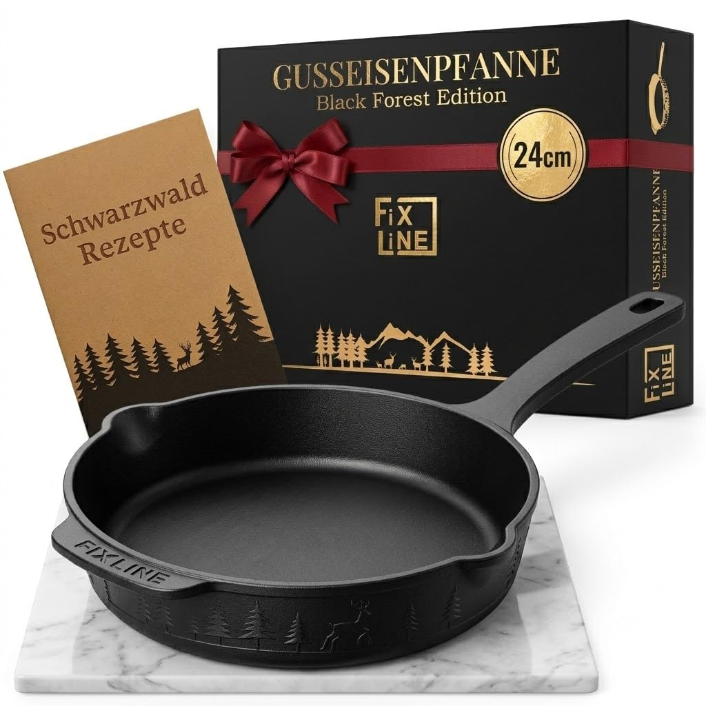 FIXLINE® BLACK FOREST Gusseisenpfanne 24cm - Induktion und alle Herdarten - Emailliert für kein Rost