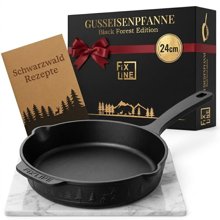 FIXLINE® BLACK FOREST Gusseisenpfanne 24cm - Induktion und alle Herdarten - Emailliert für kein Rost
