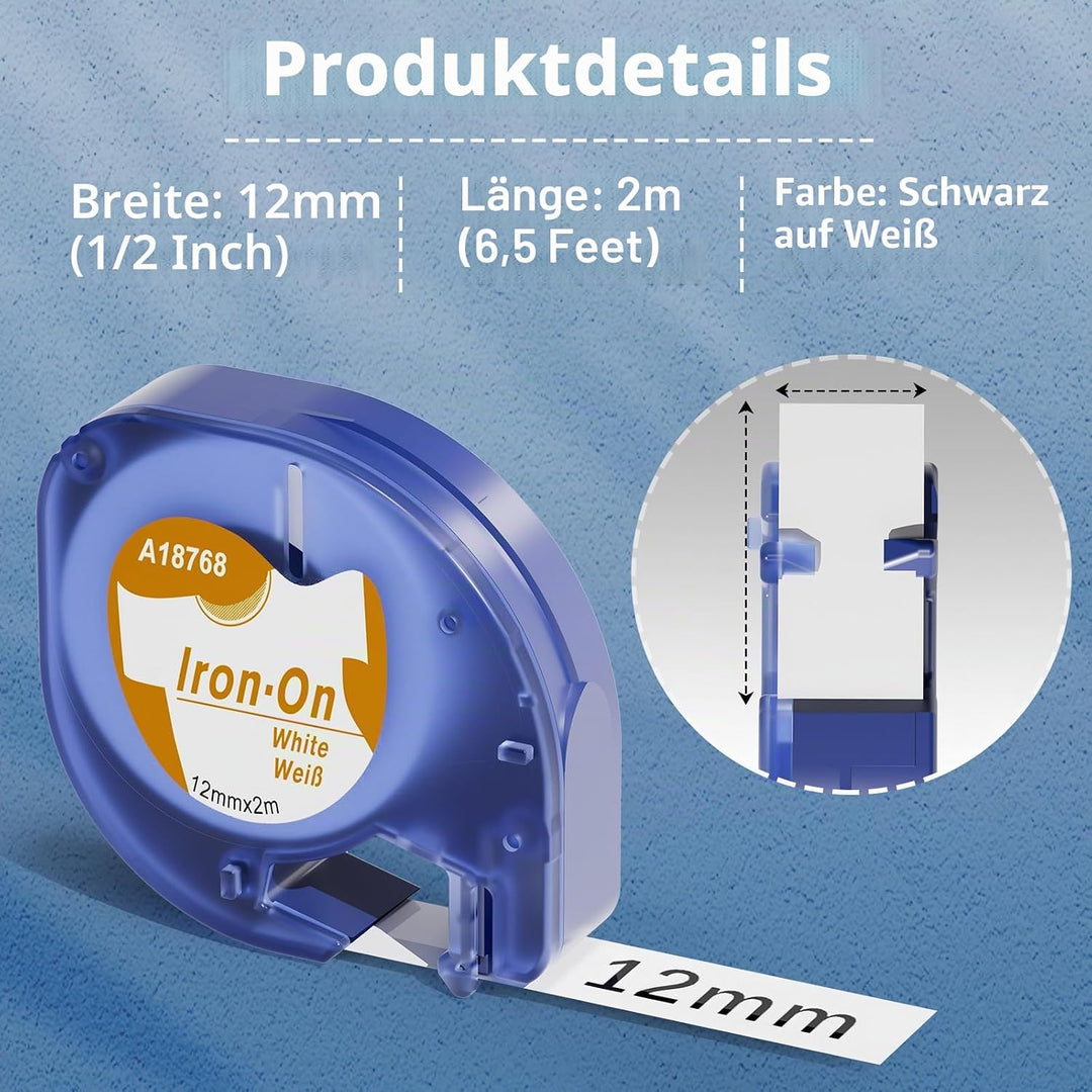 5x Kompatibel mit Dymo Bügeletiketten 12mm x 2m für LetraTag XR LT-100H LT-100T LT-110T, Kompatibel
