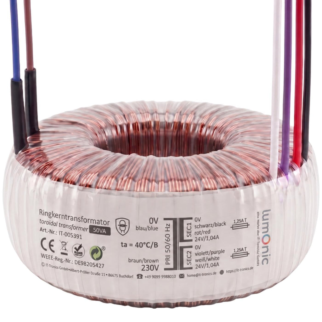 Sedlbauer Ringkerntrafo Transformator 50VA 2x24V für Audio, Industrie, Halogen und Schienensysteme -