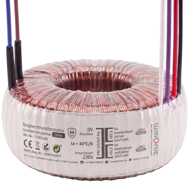 Sedlbauer Ringkerntrafo Transformator 50VA 2x24V für Audio, Industrie, Halogen und Schienensysteme -