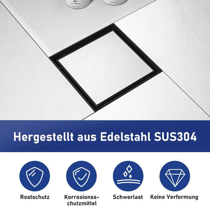 Bodenablauf Dusche Edelstahl,15cm 2in1 Befliesbar Duschrinne Duadratisch mit 360°Siphon,Aufgerüstete