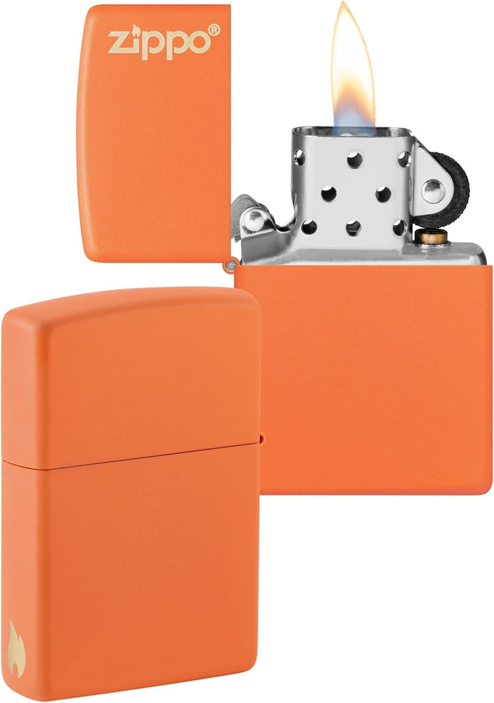 ZIPPO –– Zippo Logo und Flammenmotiv – Orange Matte – Laser Engrave – Sturmfeuerzeug, nachfüllbar, i
