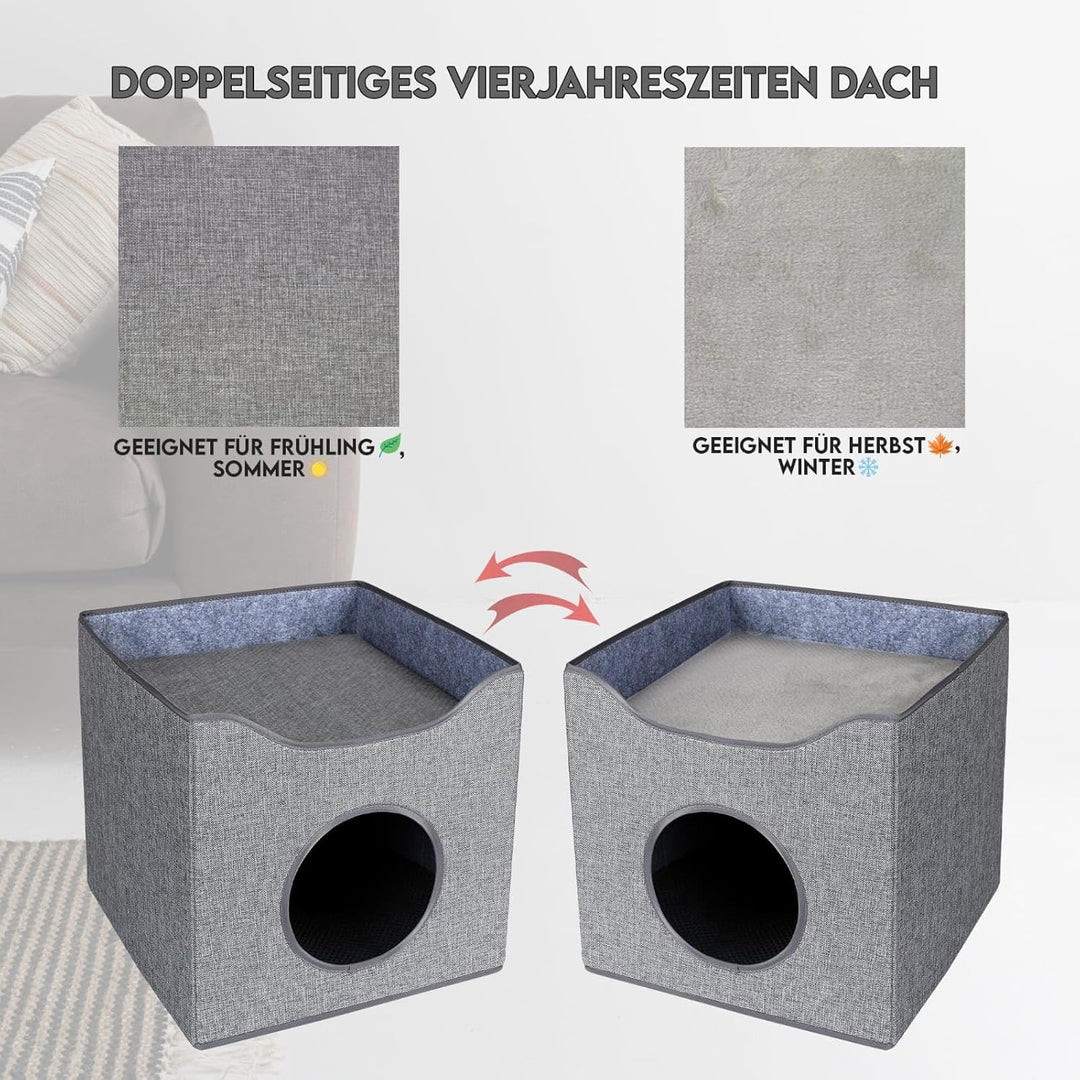 Hausleben Stilvolles Katzenhaus Grau – 40×38×40 cm – inkl. 2 Matratzen & Liegefläche auf dem Dach –