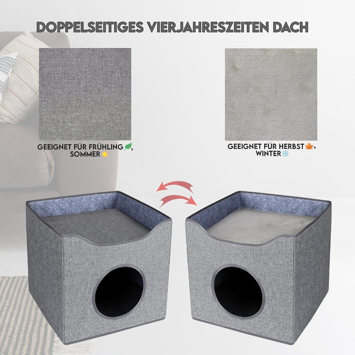 Hausleben Stilvolles Katzenhaus Grau – 40×38×40 cm – inkl. 2 Matratzen & Liegefläche auf dem Dach –