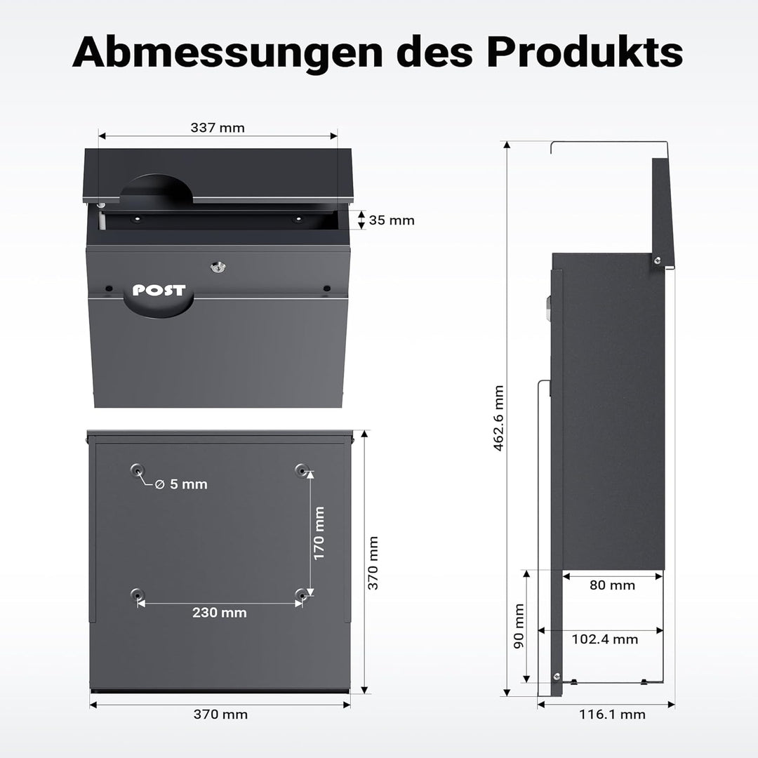 Wiltec Briefkasten Anthrazit V62 aus Stahl 37 x 11 x 37 cm, Wandbriefkasten mit Zeitungsfach und Sch