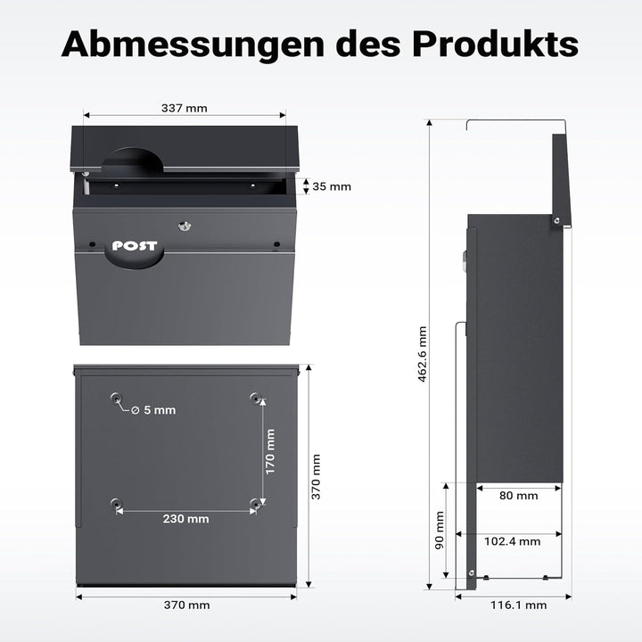 Wiltec Briefkasten Anthrazit V62 aus Stahl 37 x 11 x 37 cm, Wandbriefkasten mit Zeitungsfach und Sch