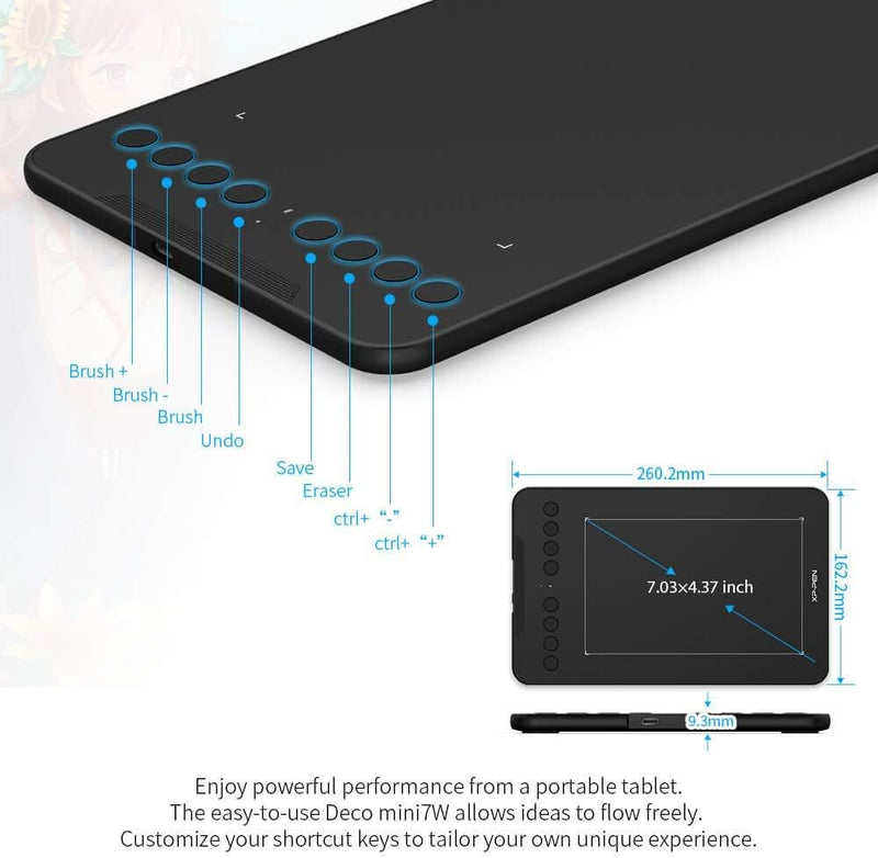 XP-PEN Deco Mini 7W Grafiktablett 2,4G Wireless Zeichentablett, Stift-Tablet mit 60° Neigung, Kompat