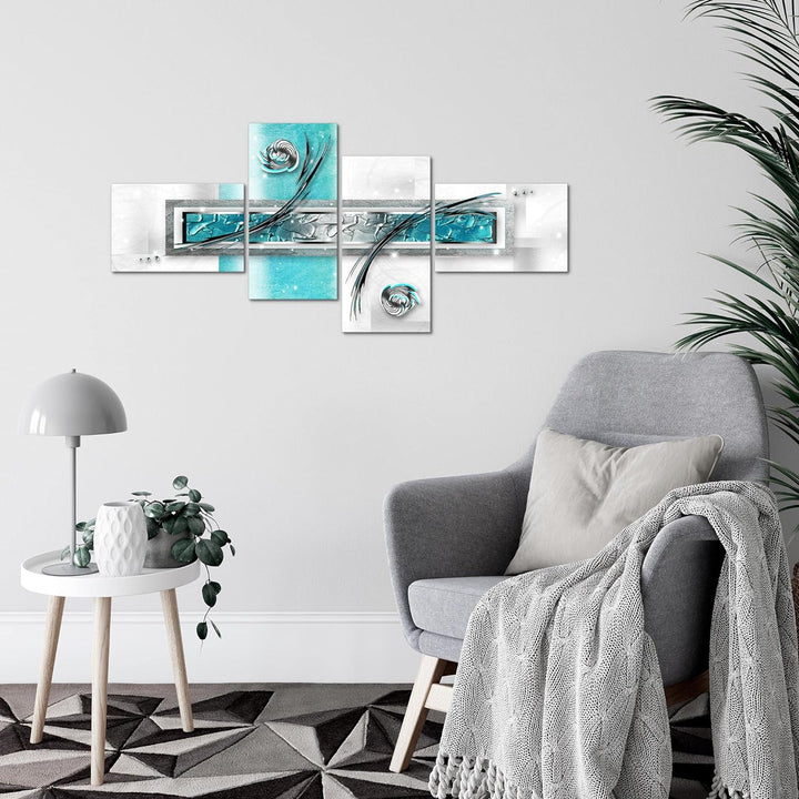 Runa Art Bild Modern Abstrakt - Made in Germany - Wandbilder Grau Türkis Blau 4 Teilig 108142a 100 x
