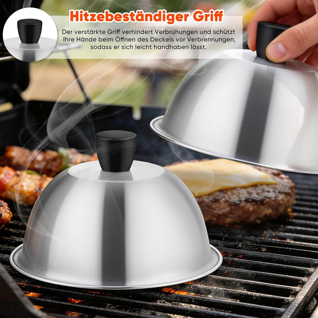 Herogo Burgerglocke, 4 Stück Edelstahl Burger Glocke mit Hitzebeständig Griff, 15,3x9 cm Metall Gril
