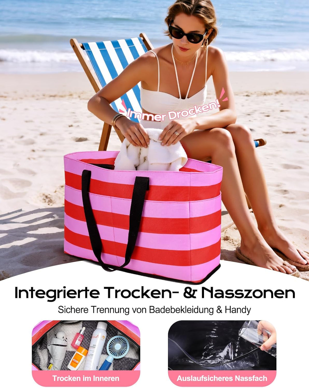 CIRYCASE Strandtasche XXL Familie mit Kühlfach, 54L Grosse Badetasche Strandtasche mit Reissverschlu