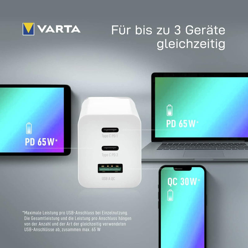 VARTA Ladegerät, Ladeadapter 65W, gleichzeitiges Laden von bis zu 3 Geräten, High Speed Charger, Lad