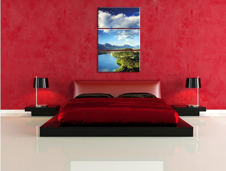 Pixxprint See mit Insel Landschaft 3-Teiler Leinwandbild 120x80 Bild auf Leinwand