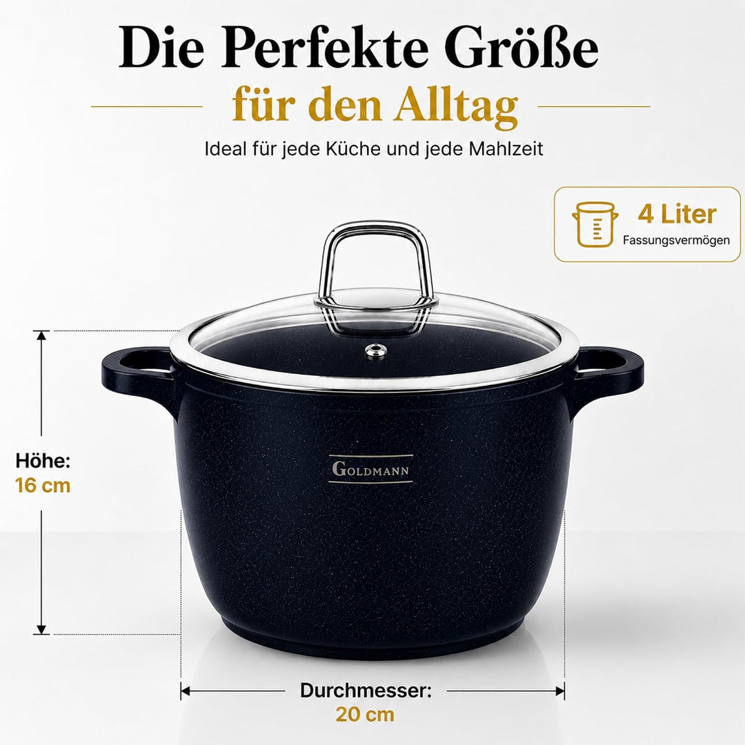 GOLDMANN 20 CM Aluguss Kochtopf 4L | Suppentopf Schmortopf induktionsgeeignet mit Keramik Antihaftbe