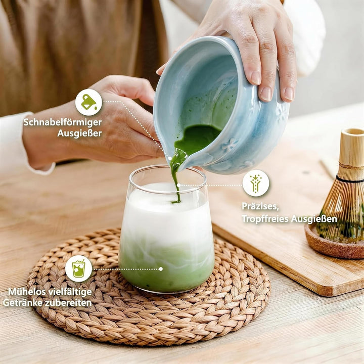 Matcha Set 8-Piece Premium Tea Ceremony Kit with Ceramic Bowl, 100+ Tines Bamboo Whisk (Chasen), Hol