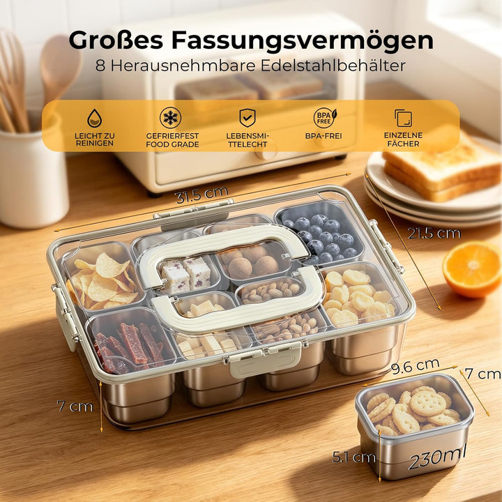 HiTauing Snackbox mit 8 Edelstahl Fächern, Snackteller mit Griff und 8 Einzelnen Deckeln, Verhindert