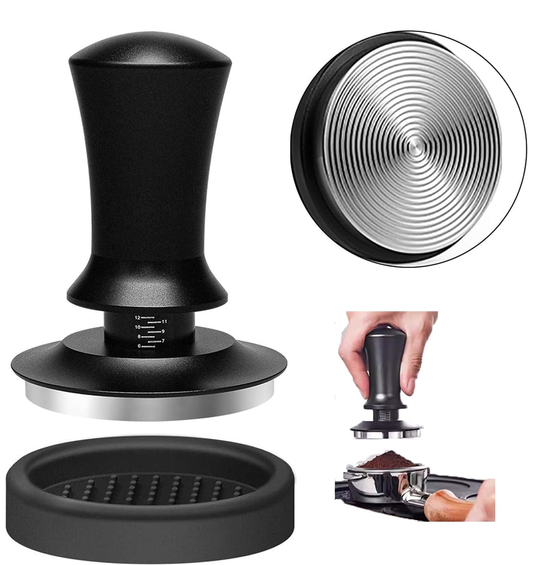 Kaffee Tamper 58mm mit Silikonpad - Espresso Stampfer Edelstahl Kalibriert mit Feder für 58mm Siebtr