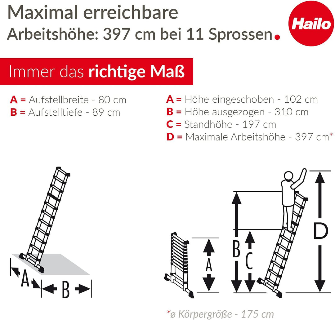 Hailo T80 FlexLine Alu Sicherheits-Teleskopleiter - ausziehbare Anlegeleiter mit 11 Sprossen - Arbei