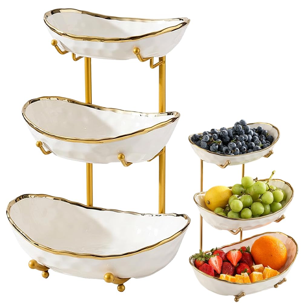 3-Schicht Obstschale Keramik mit Metallgestell, Obstschale Etagere, Elegante Etagere zum Servieren v