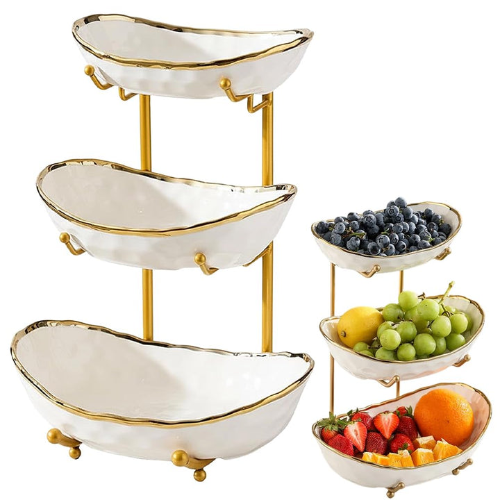 3-Schicht Obstschale Keramik mit Metallgestell, Obstschale Etagere, Elegante Etagere zum Servieren v