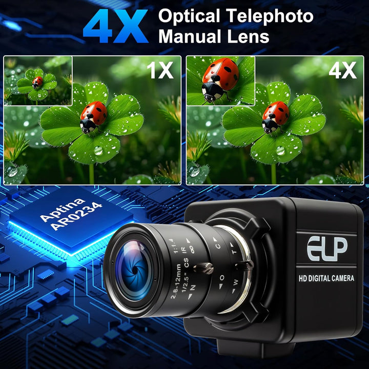 ELP 90fps Global Shutter USB-Kamera 1200P Golfschwungkamera mit hoher Bildrate, 5-50mm 10x manuelles