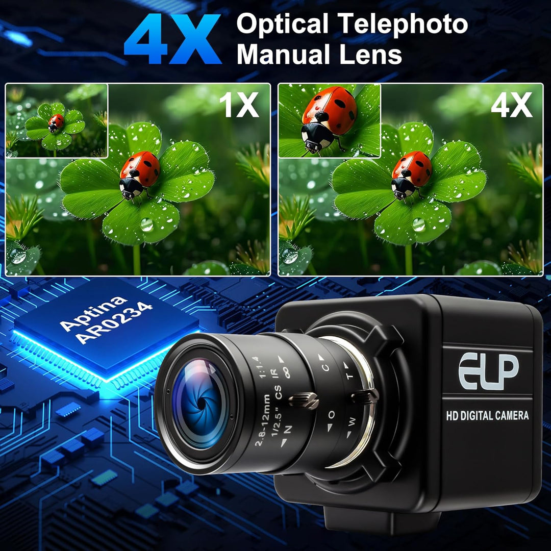 ELP 2MP Global Shutter USB-Kamera, 90 fps hohe Bildrate, 2,8–12 mm 4-Fach manuelles Zoomobjektiv, In