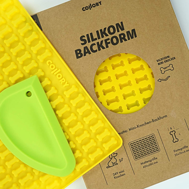 Collory Mini Knochen (2cm) Silikon Backform und Teigschaber Set, Backmatte für Hundekekse und Lecker