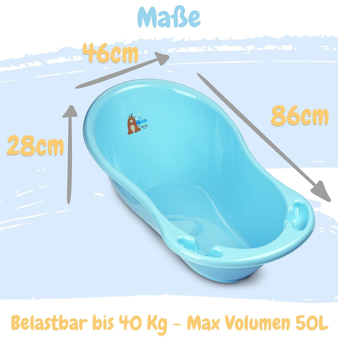 Babykajo Baby Badewanne mit Stöpsel – Baby Wanne aus BPA freiem Plastik und 86 cm Länge Bärchen Blau