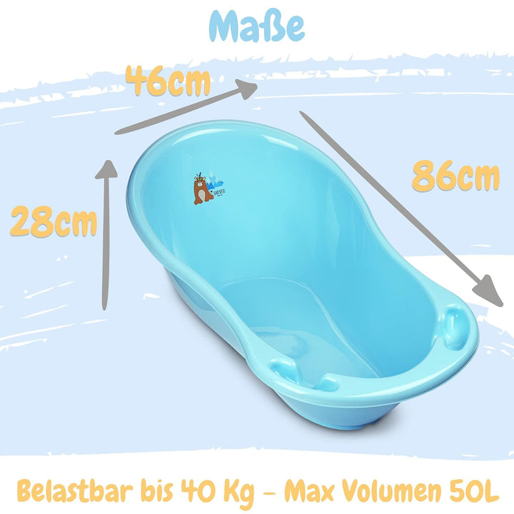 Babykajo Baby Badewanne mit Stöpsel – Baby Wanne aus BPA freiem Plastik und 86 cm Länge Bärchen Blau