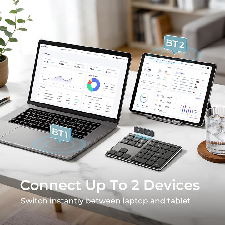 iClever Nummernblock, kabelloser Aluminium-Nummernblock für mehrere Geräte, USB-C wiederaufladbar, e