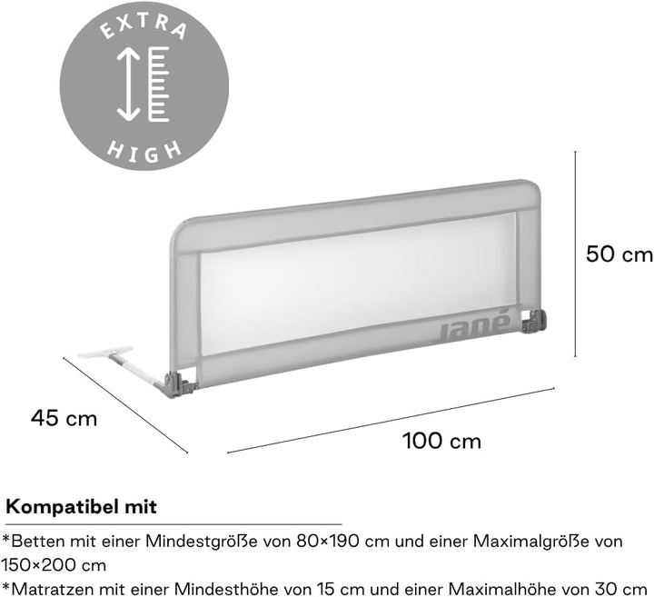 Jané - Klappbares Bettgitter, Länge 110 cm, Transporttasche, extra hoch 110 cm Grau, 110 cm Grau