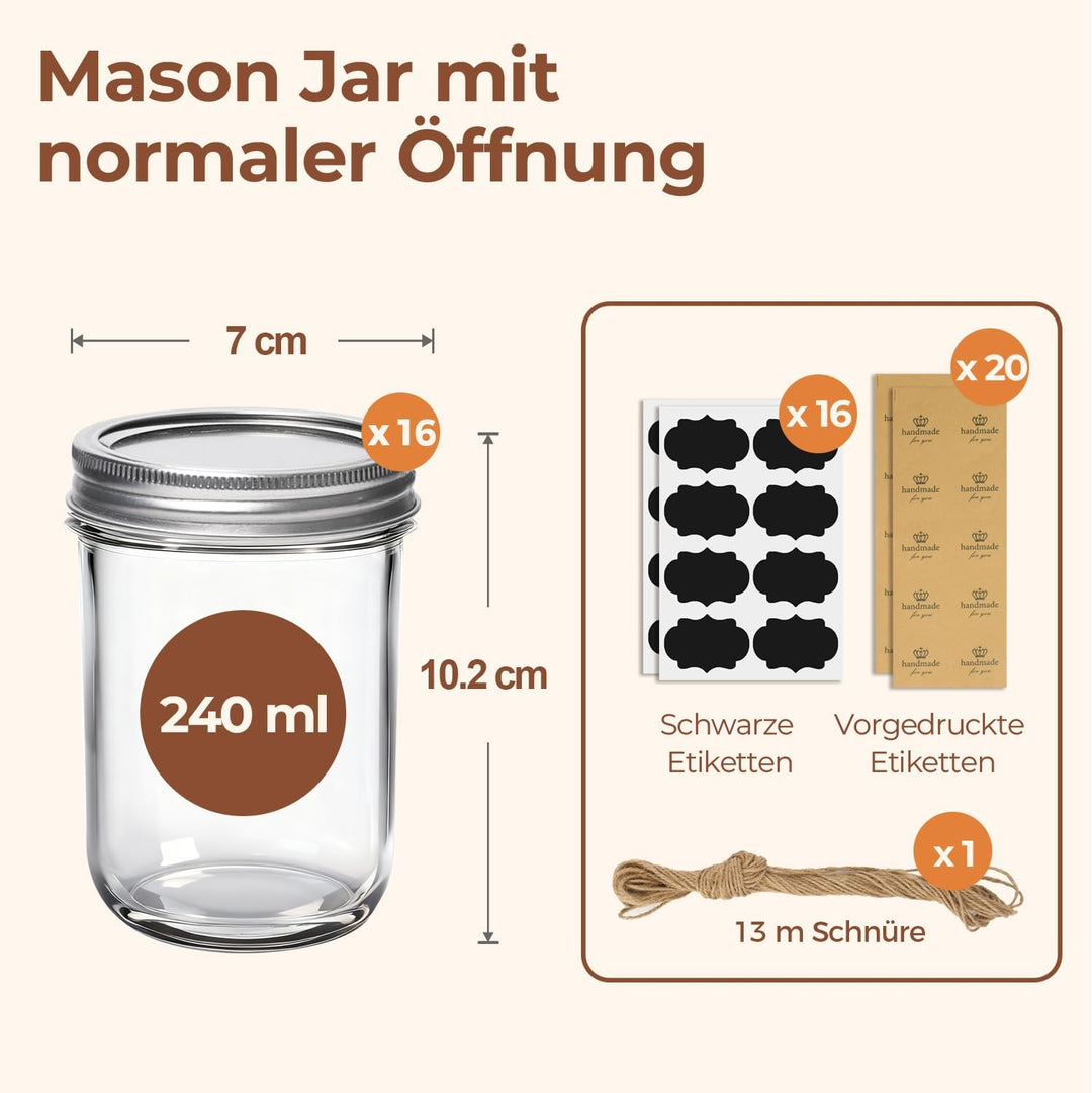 ComSaf 250ml Einmachgläser mit Deckel 16 Stück Mason jar, Vorratsgläser für Lebensmittel für selbstg