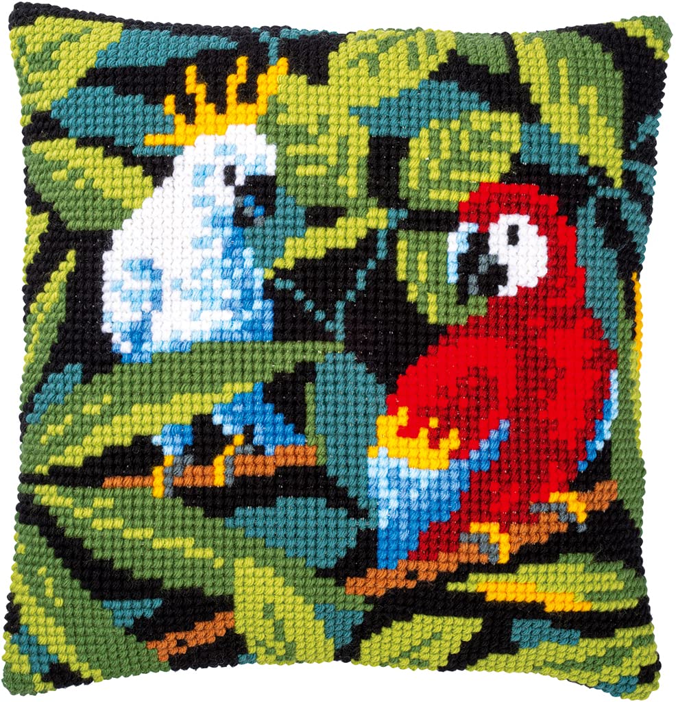 Vervaco PN-0186881 Kreuzstichkissen Set vorgezeichnet, Baumwolle, Tropische Vogel, 40x40cm
