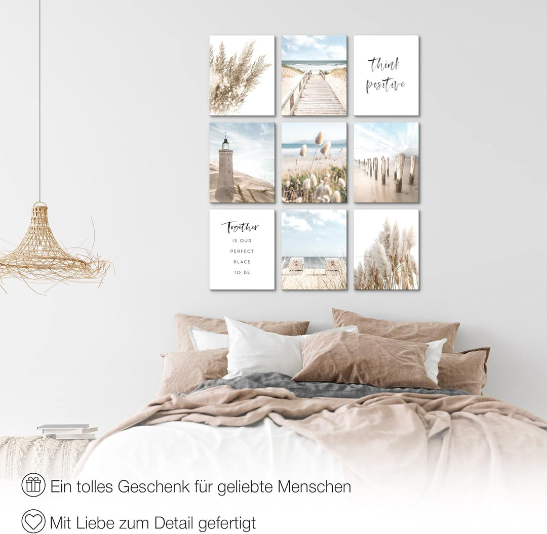 Novart Wandbilder Strand Meer - KOMPLETT AUFHÄNGFERTIG - Pampas Wohnzimmer Schlafzimmer- 9 Moderne M