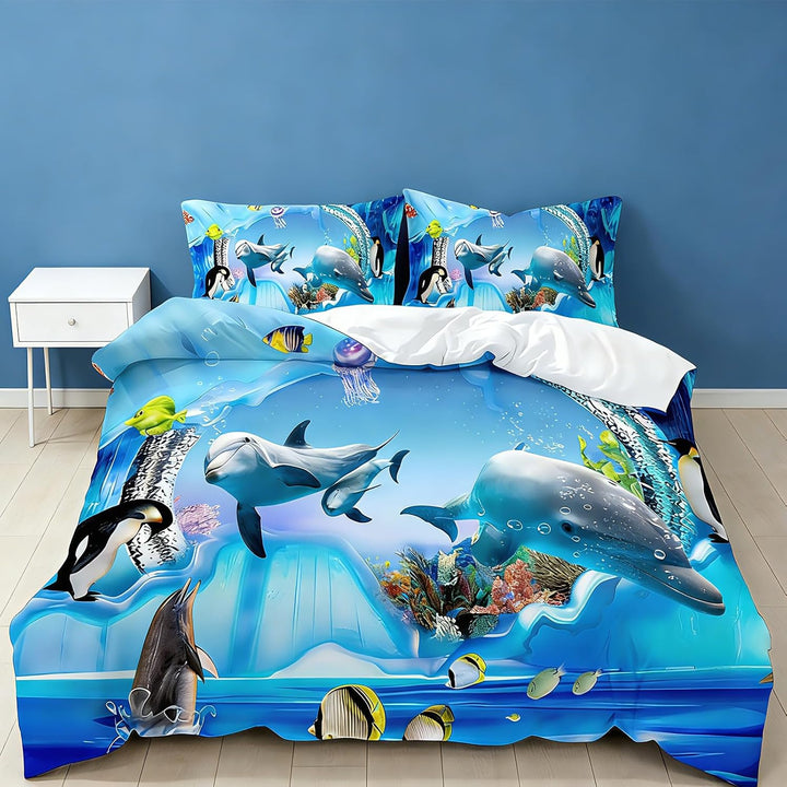 EHAOKK 3D Meer Tier Bettwäsche Set,Delfin,Tropischer Fisch,Korallen,Meeresleben Bettbezug,Blaue Unte