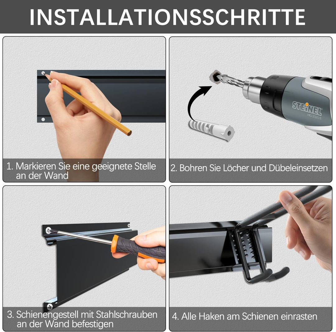 3-H Garage Aufbewahrung,120 cm Einstellbar 10 Wandhalterung Wandhaken und 4 S Haken 4 Aufbewahrungsg
