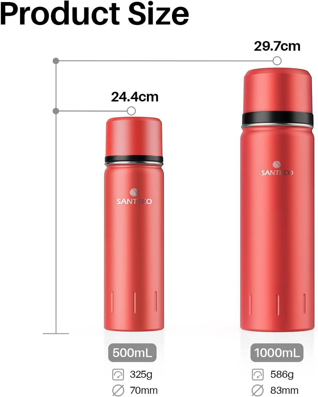SANTECO Thermoskanne Thermosflasche Edelstahl 1l, 500ml, Auslaufsicher Isolierflasche mit Trinkbeche