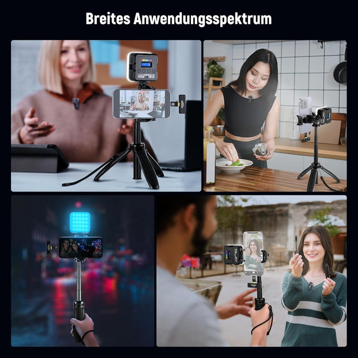 NEEWER Vlogging Set für Handy mit RGB LED Licht/Lavalier Funkmikrofon System/Mini Stativ/Handy Käfig
