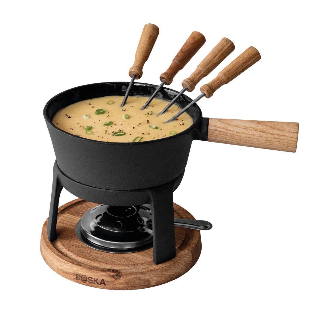 Boska Fondue-Set Pro, für 1 Liter Fonduekäse, 310x212x170 mm Schwarzes Gusseisen mit Holzsockel, Sch