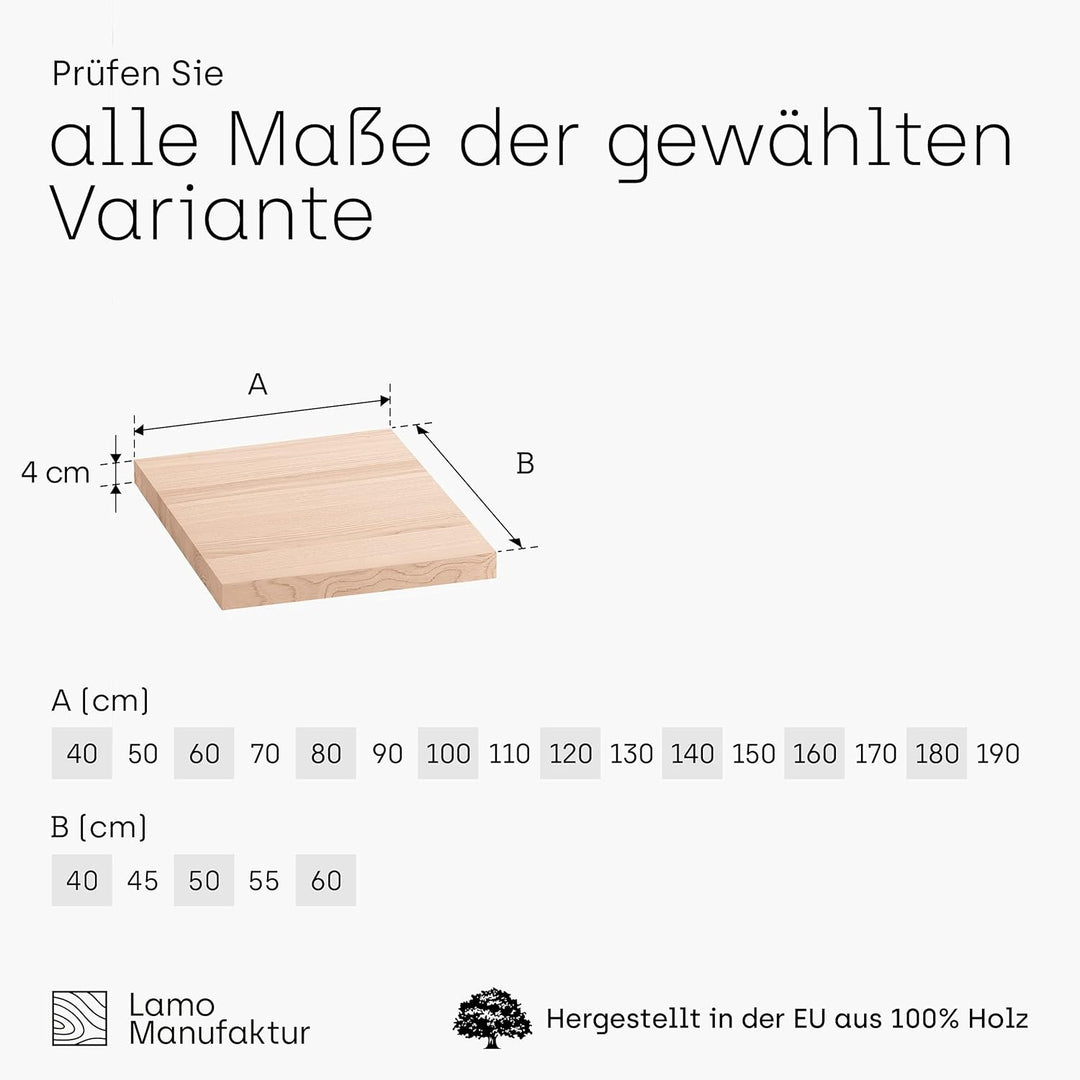LAMO Manufaktur Waschtischplatte, Holzplatte Waschtisch, Nachttisch 40x40 cm (AxB), Roh, ohne Montag