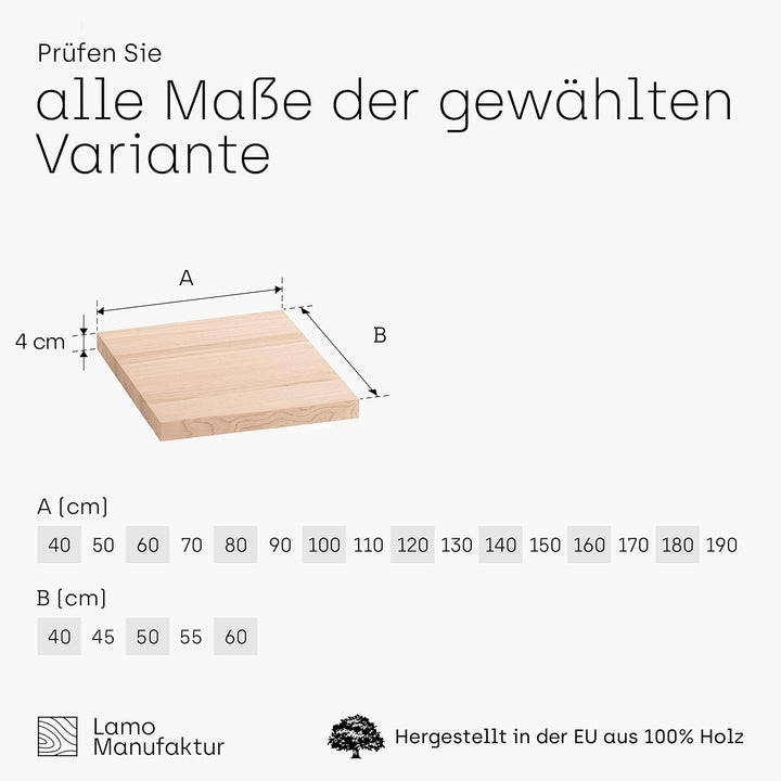 LAMO Manufaktur Waschtischplatte, Holzplatte Waschtisch, Nachttisch 40x40 cm (AxB), Roh, ohne Montag