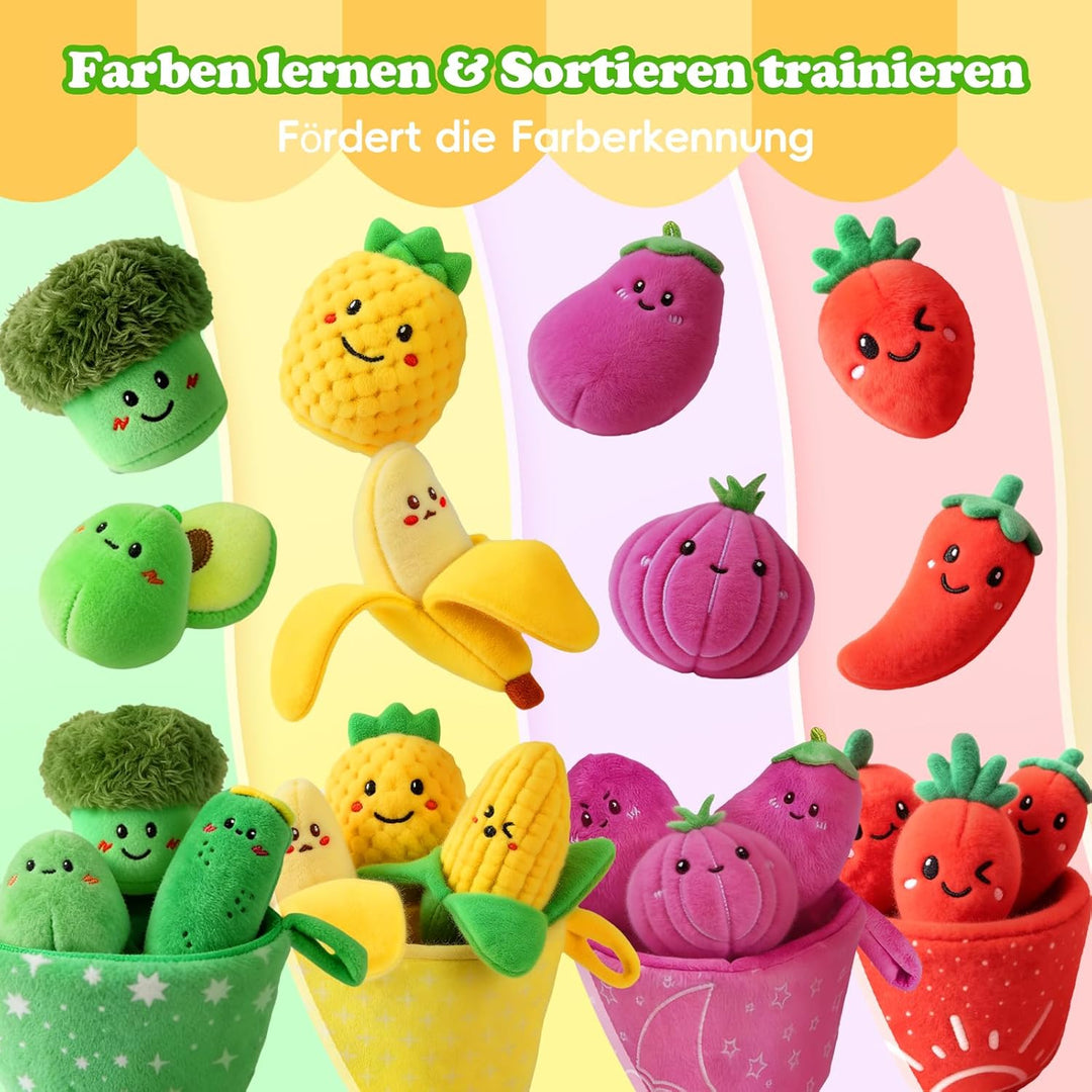 Baby Spielzeug 6 7 8 9 10 12 Monate, Gemüse und Obst Plüsch Spielzeug(16PCS) mit Rassel & Knisterpap