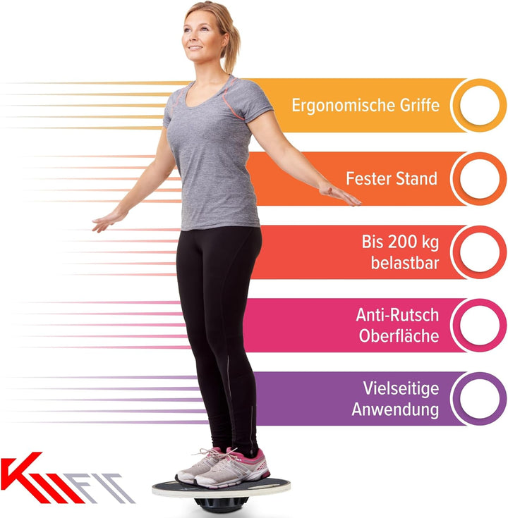 KM-Fit Balance Board rund | Therapie-Kreisel aus Holz | Gleichgewichtstrainer mit Handgriffen | Indo