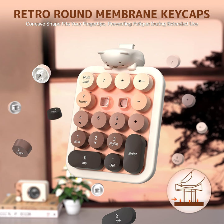 FELiCON Kabelloser Numeric Keypad, Tragbarer 18-Tasten-Mini-Ziffernblock mit Retro-Rundtasten und 2,