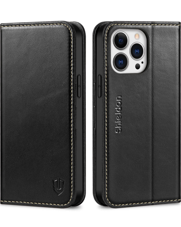 SHIELDON Hülle für iPhone 13 Pro Max, Stossfeste Schuzhülle [Echtleder] [Kartenfach] [Stand] [Verdic